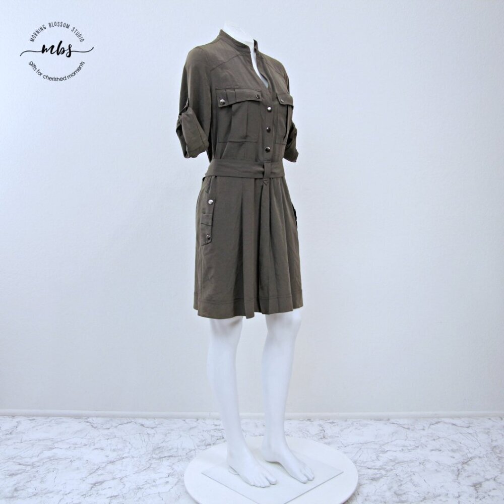Diane Von Furstenberg Rolled Tab Military Chic Workwear Midi Dress Green Women S